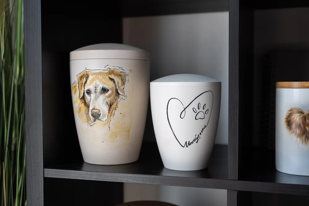 Tierurnen mit Hundeportrait und Pfotenherz im Regal