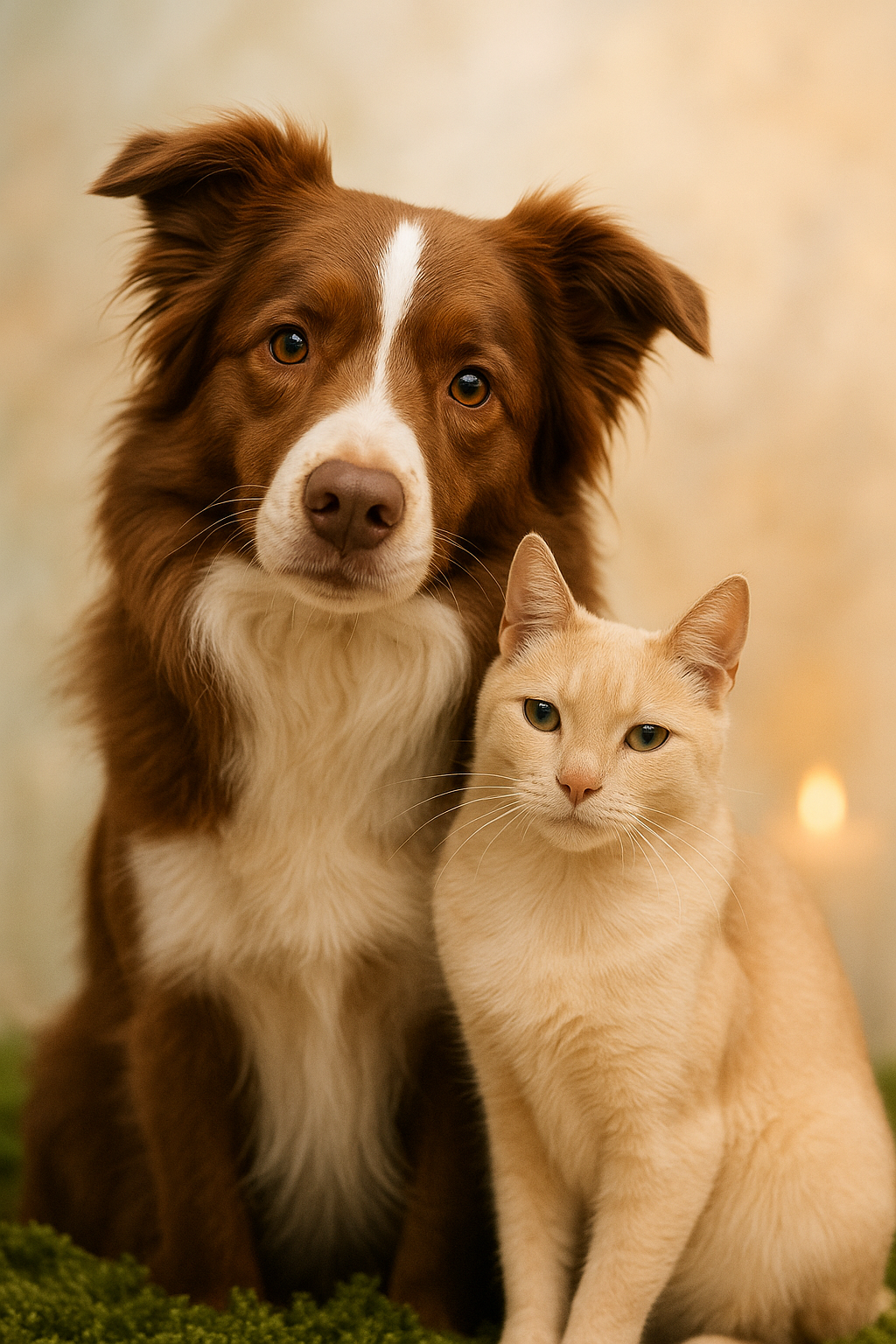 Brauner Bordercollie sitzt neben Cremefarbener Katze - KI generiertes Bild