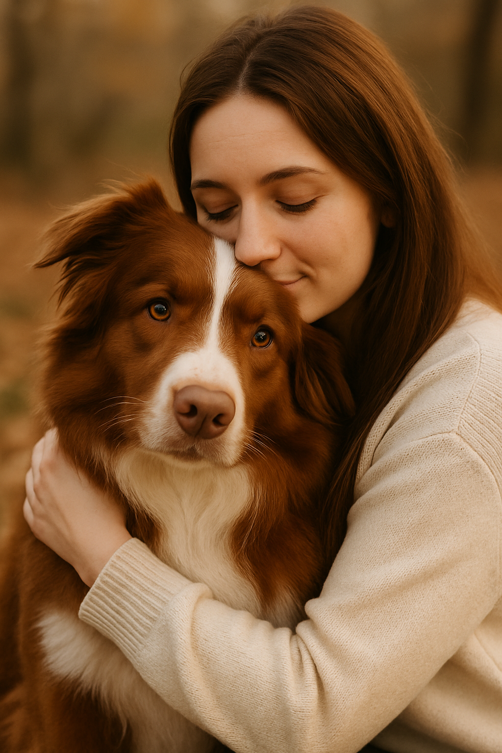 Eine Frau, die ihren braunen Bordercollie liebevoll an ihre Wange drückt - KI generiertes Bild